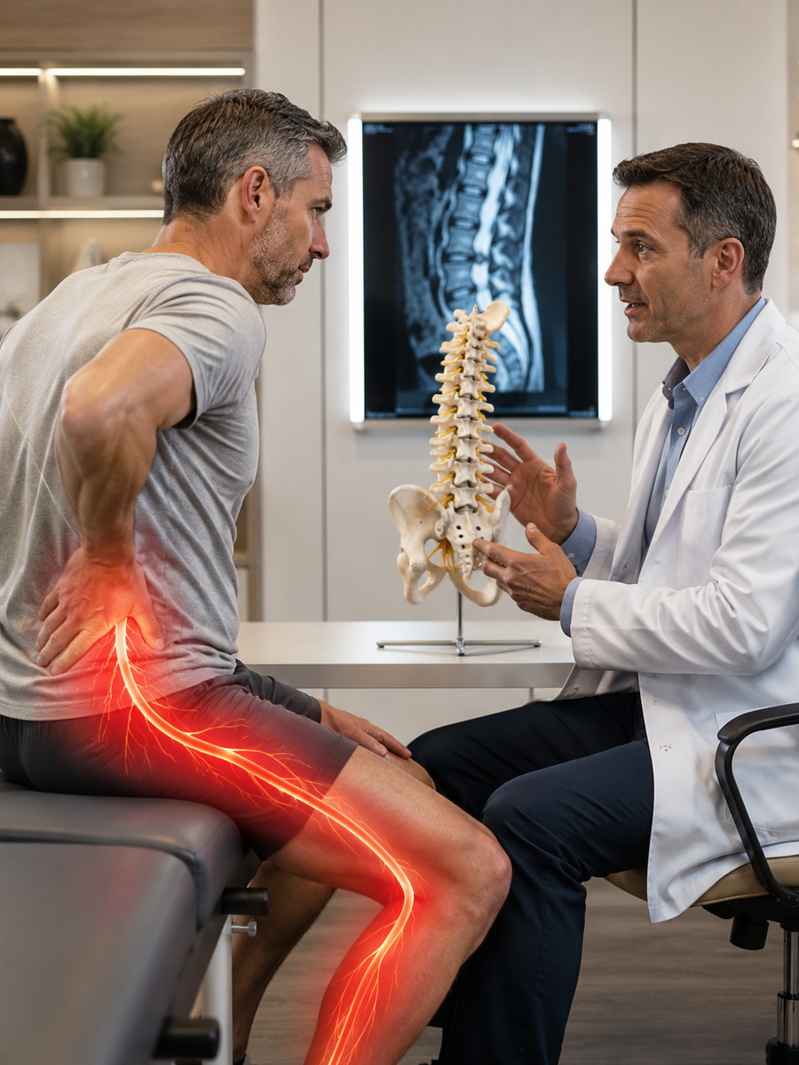 Causes and evaluation of sciatica 8 Patient discutant d’une douleur sciatique lors d’une évaluation personnalisée