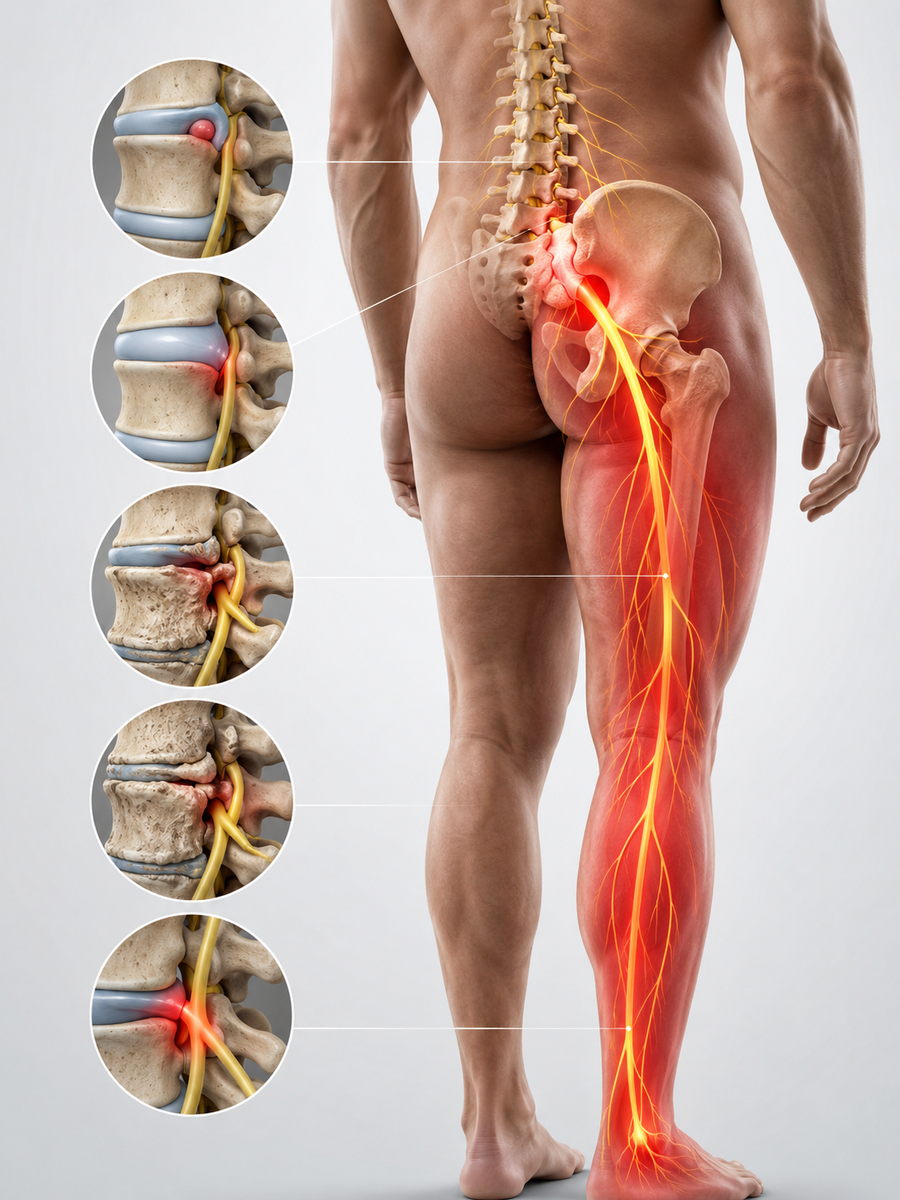 Causes and evaluation of sciatica 1 Schéma des causes possibles de la sciatique incluant hernie discale sténose arthrose et irritation nerveuse
