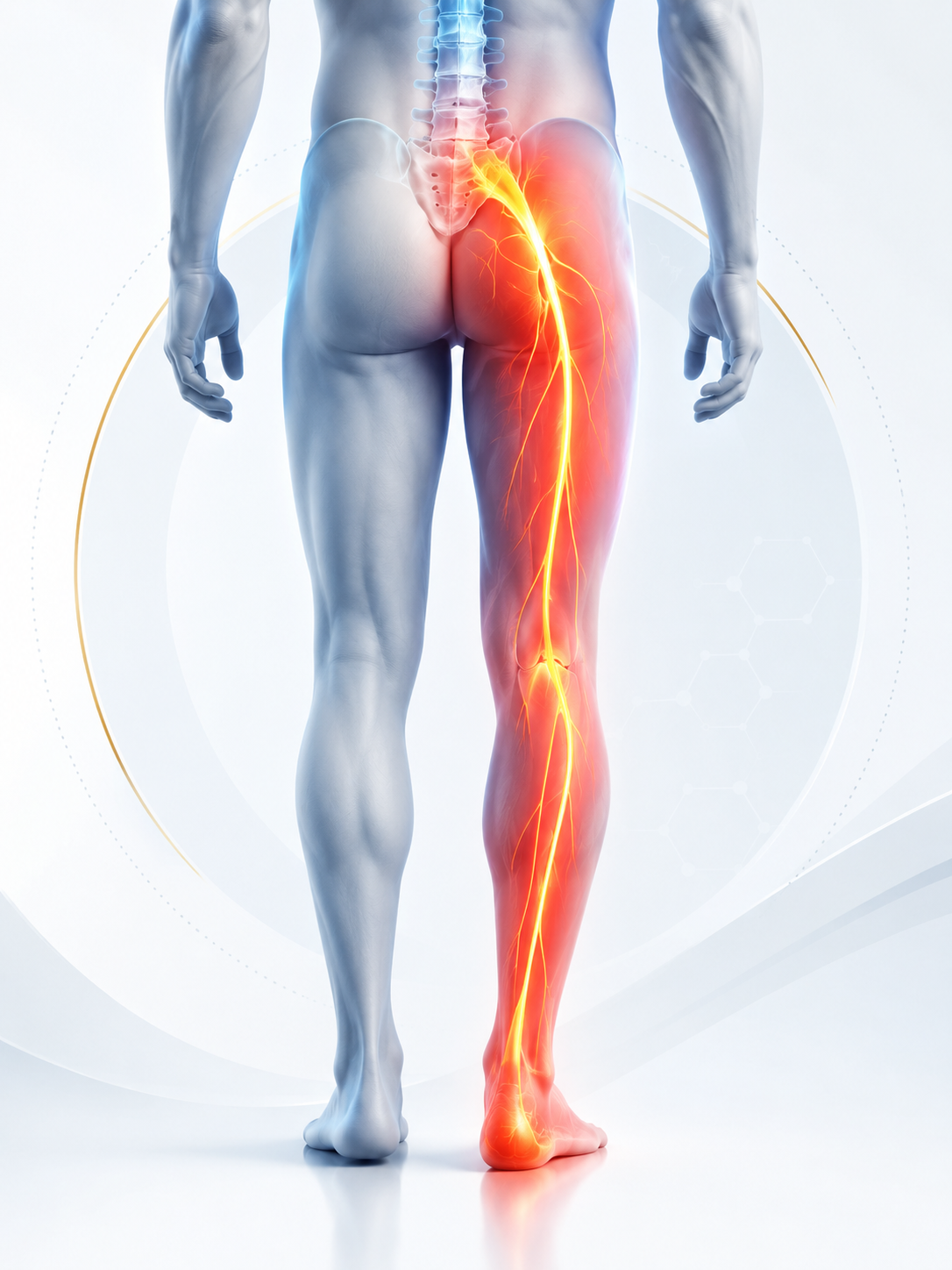 Douleur sciatique avec trajet du bas du dos vers la fesse, la jambe et le pied