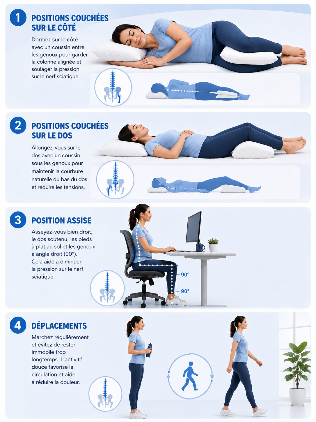 SOS Sciatique : comprendre, soulager et traiter une sciatique 6 Positions pour dormir et s’asseoir avec une douleur sciatique sans augmenter les symptômes