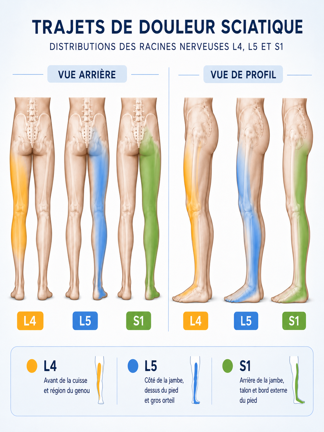 SOS Sciatique : comprendre, soulager et traiter une sciatique 3 Schéma comparatif des trajets douloureux L4 L5 et S1 dans la jambe et le pied