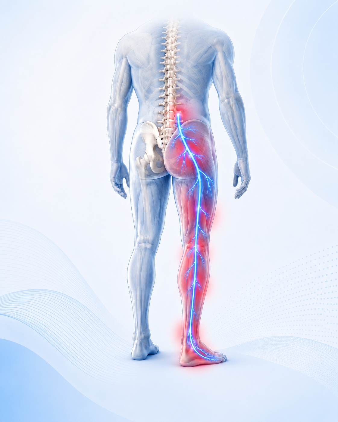 SOS Sciatique : comprendre, soulager et traiter une sciatique 1 Schéma du trajet du nerf sciatique du bas du dos vers la fesse, la jambe et le pied