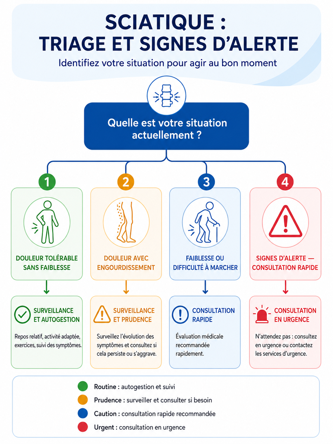 SOS Sciatique : comprendre, soulager et traiter une sciatique 2 Arbre de triage de la sciatique montrant douleur simple, engourdissement, faiblesse et signes d’alerte