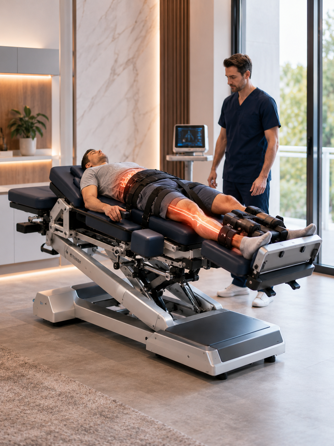 Table de décompression neurovertébrale motorisée pour douleur sciatique d’origine mécanique