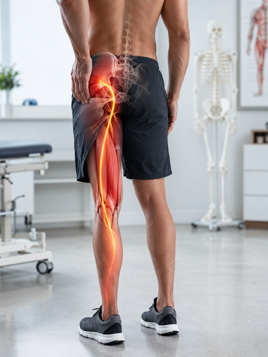 Causes possibles d’une douleur derrière la cuisse incluant sciatique, ischio-jambier, hanche et piriforme