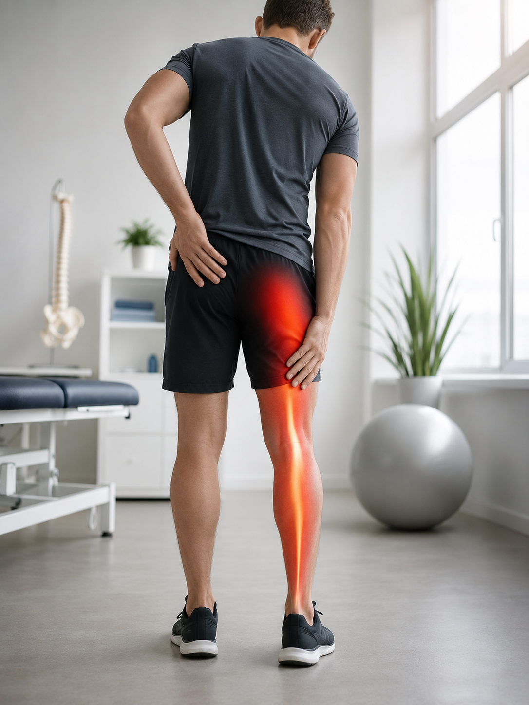 Trajet d’une douleur sciatique derrière la cuisse vers le mollet et le pied