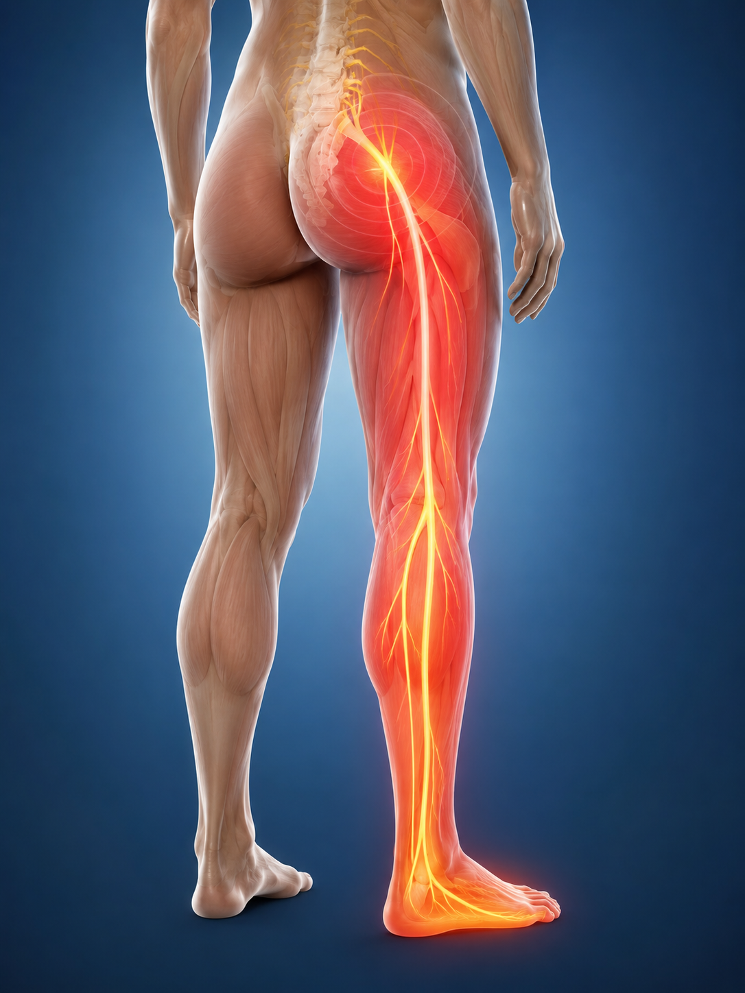 Trajet d’une douleur dans la fesse pouvant descendre dans la jambe avec le nerf sciatique