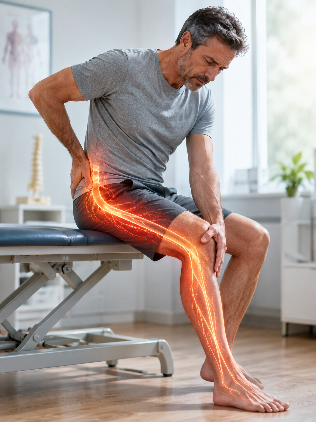 Engourdissement dans la jambe pouvant évoquer une sciatique ou une irritation nerveuse lombaire