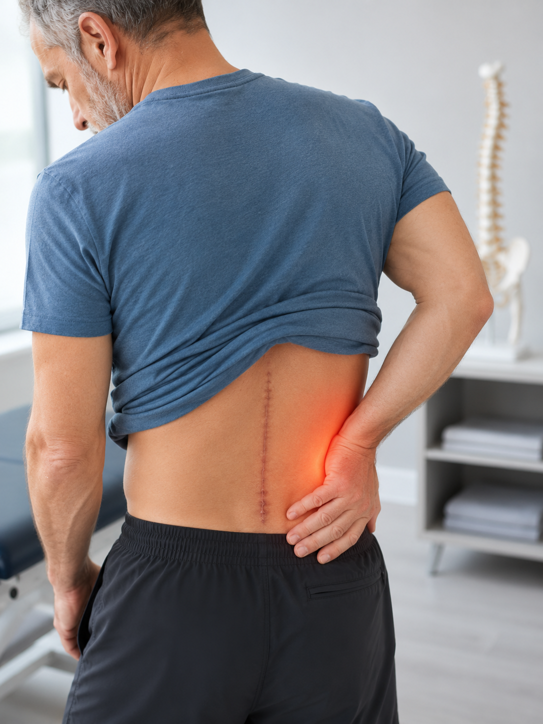 Sciatica after lumbar surgery 2 Illustration d’une colonne lombaire après chirurgie avec cicatrice et racine nerveuse sensible