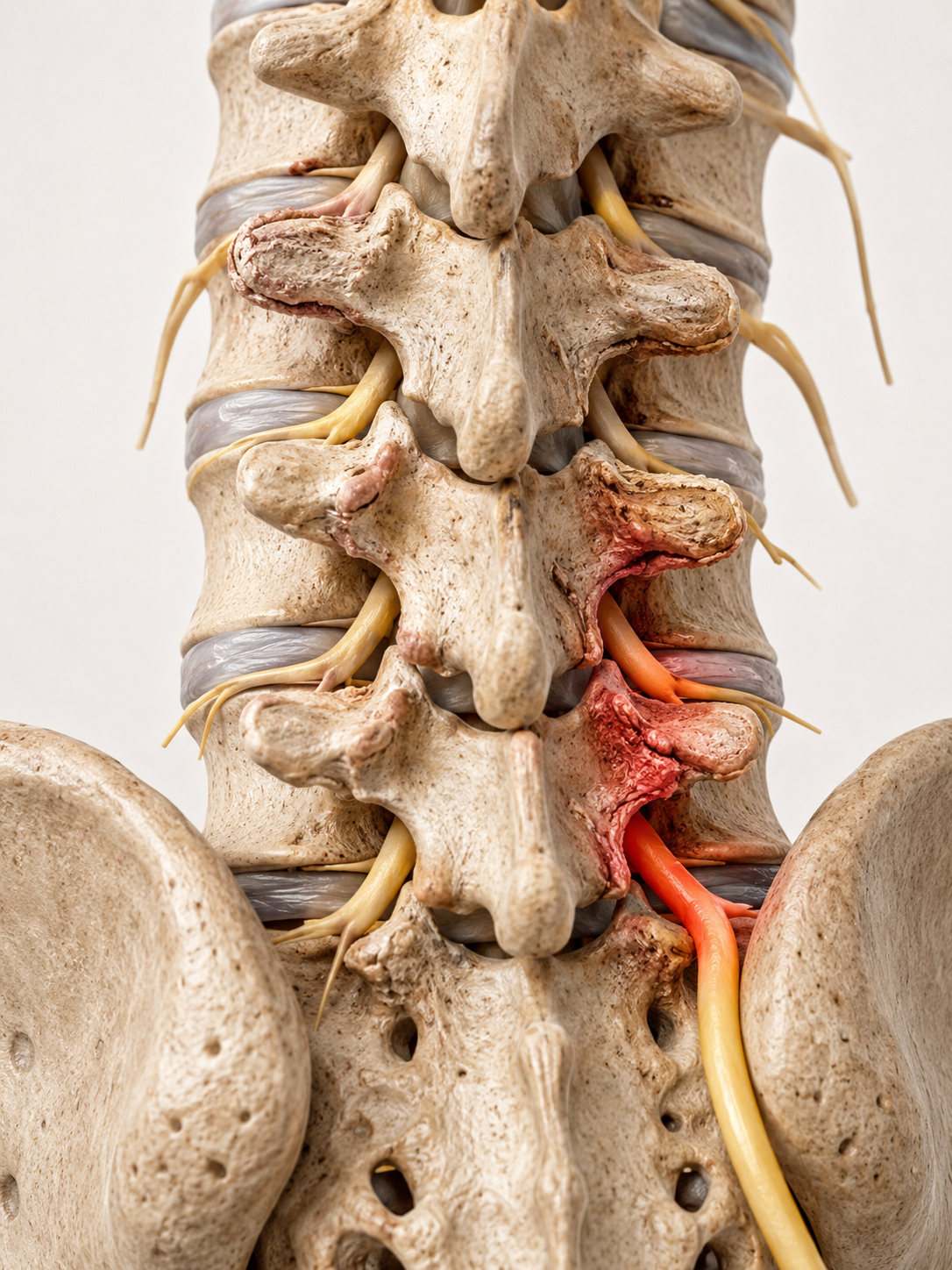 Illustration de l’arthrose lombaire touchant les articulations et les espaces nerveux