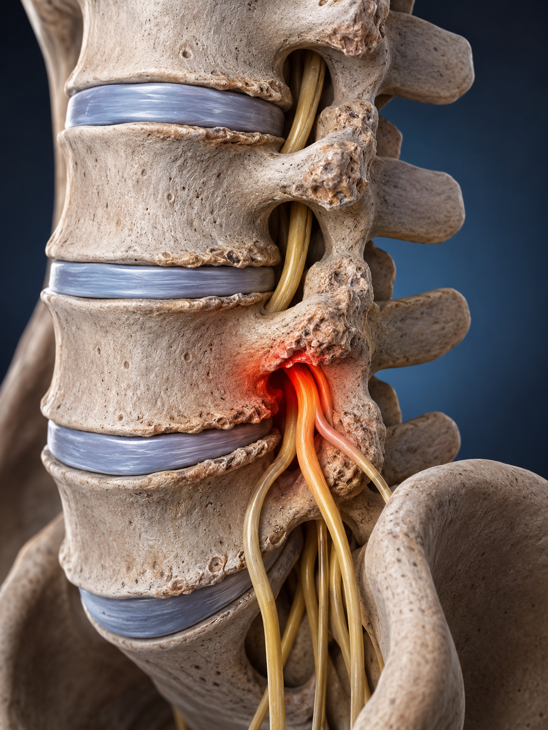 Racines nerveuses irritées par une arthrose lombaire et une sténose foraminale