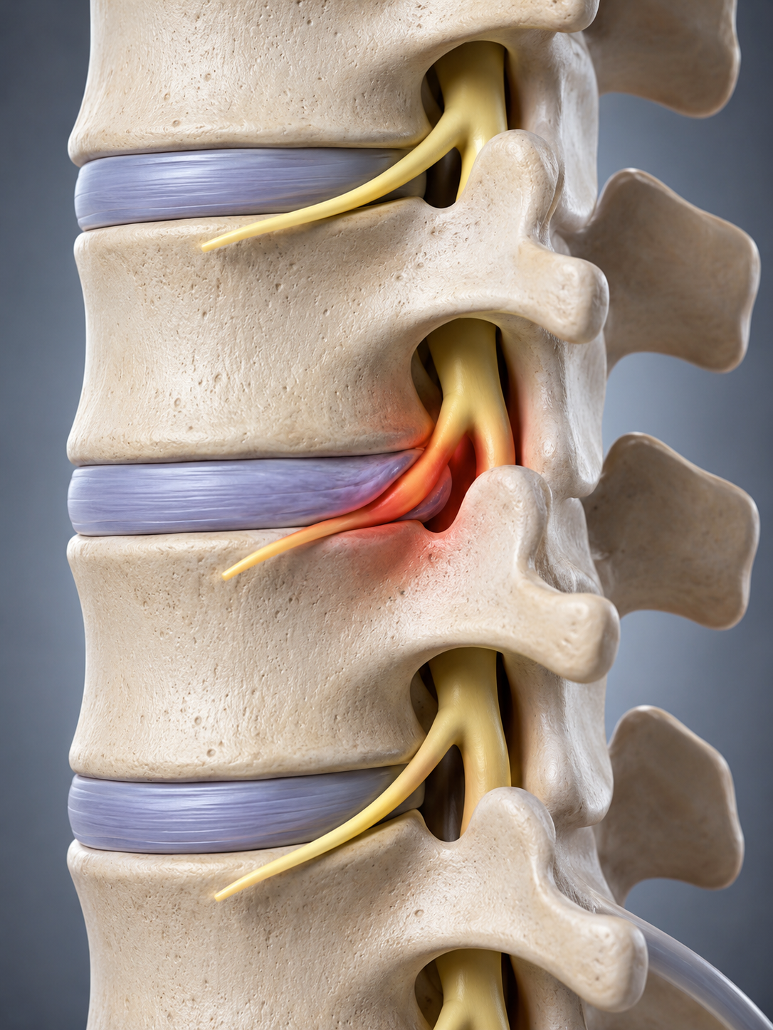Sciatique et bombement discal 2 Illustration d’un bombement discal lombaire près d’une racine nerveuse