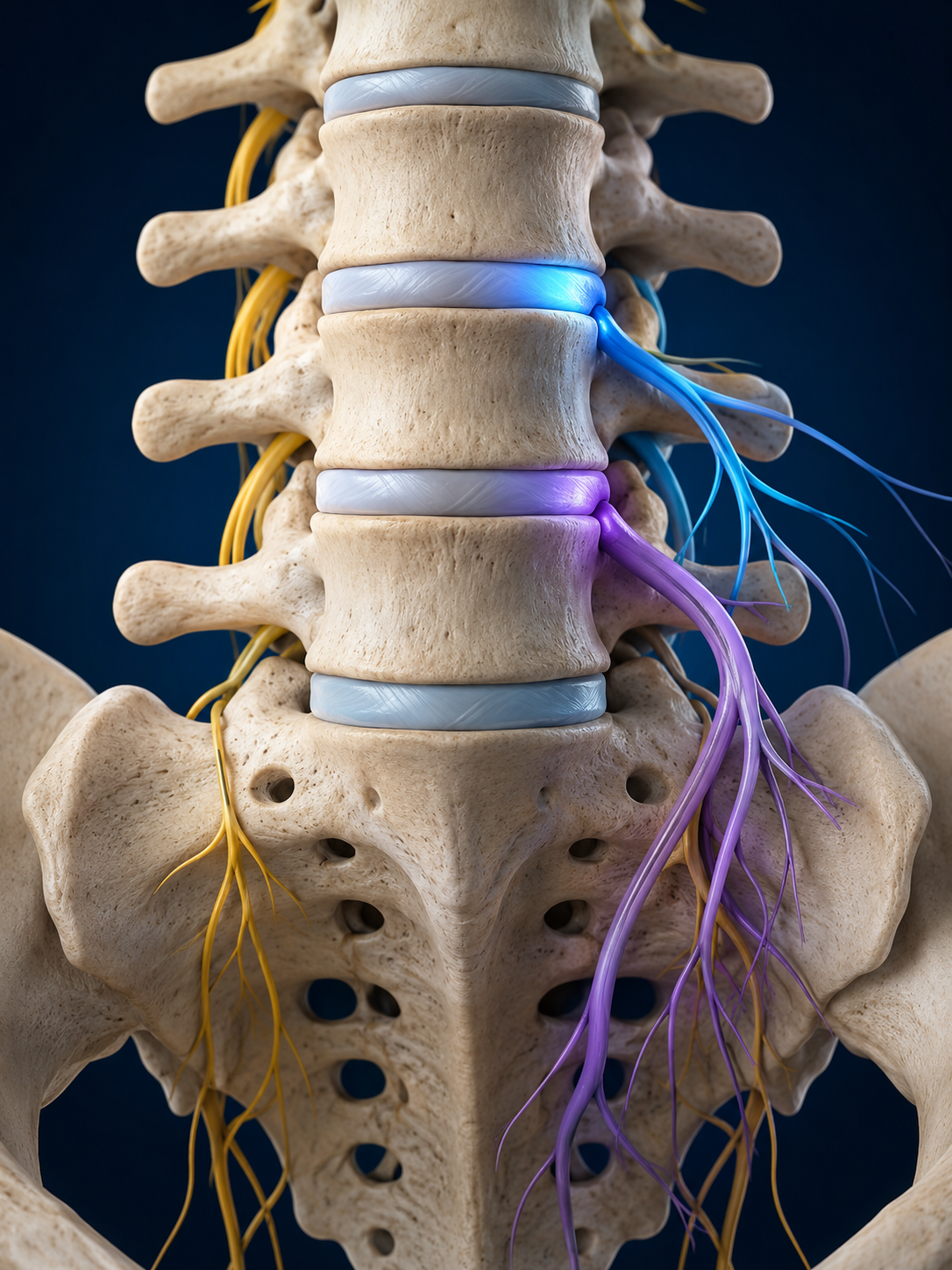 Sciatica L4-L5 and L5-S1 2 Illustration des niveaux lombaires L4-L5 et L5-S1 et des racines nerveuses L5 et S1
