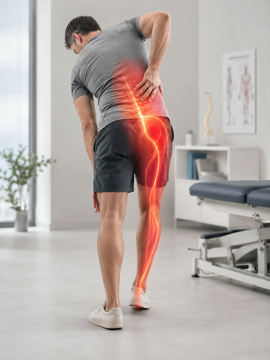 Sciatica or low back pain? 1 Comparaison entre lombalgie et sciatique avec douleur au bas du dos et trajet dans la jambe