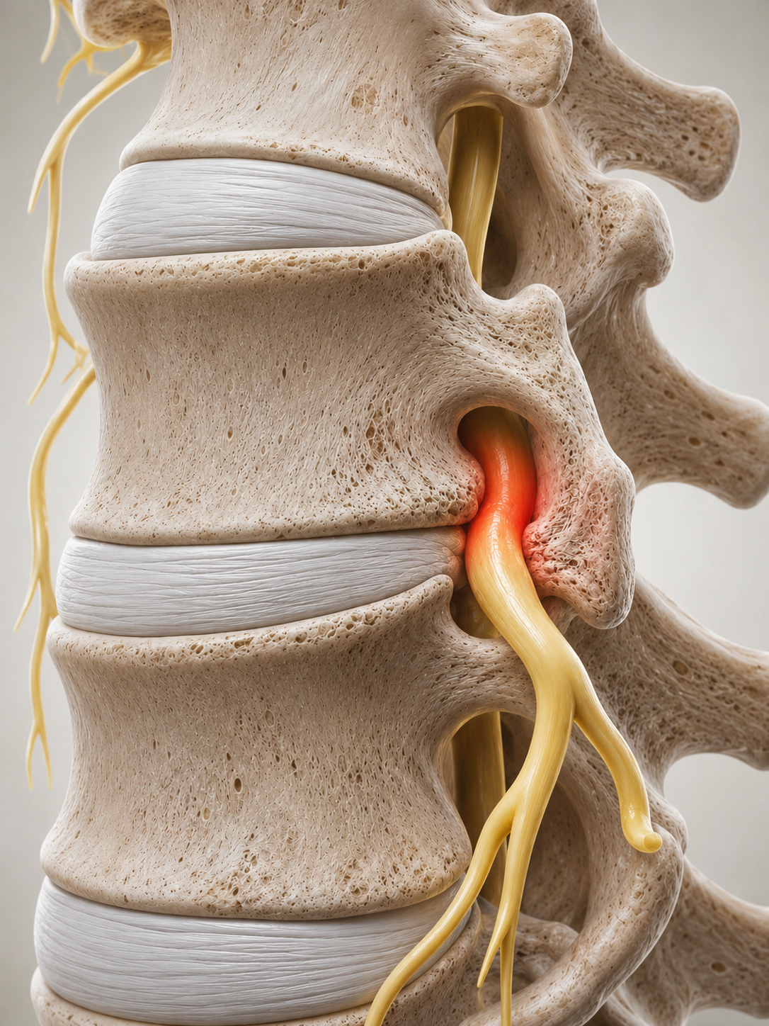 Illustration du foramen lombaire et d’une sténose foraminale près d’une racine nerveuse