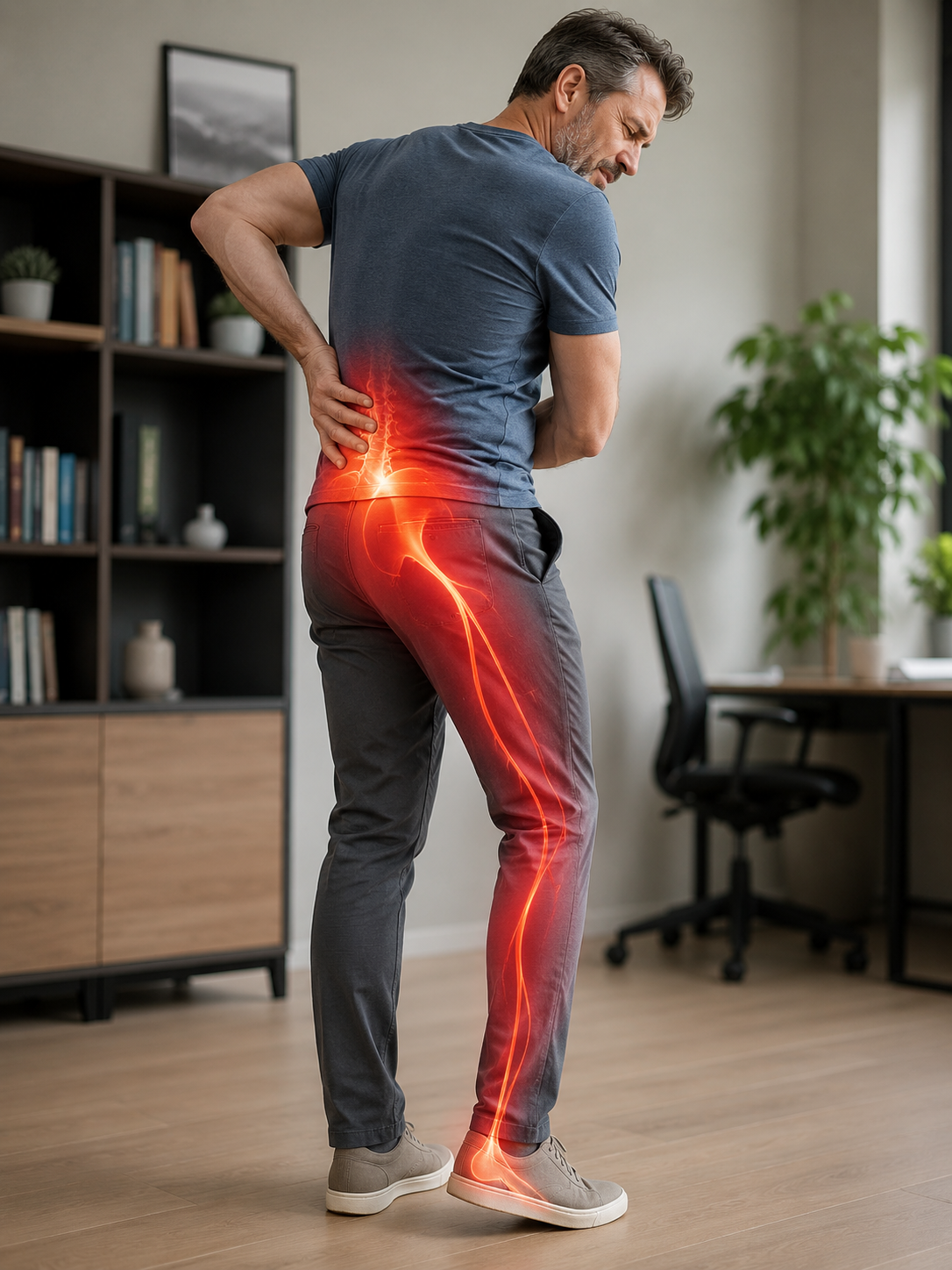 Sciatique aggravée par une torsion du dos avec douleur descendant dans la jambe