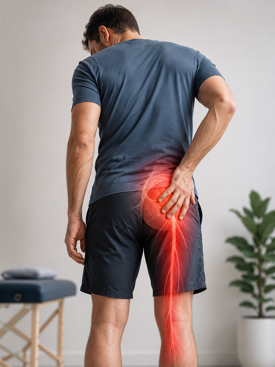 Douleur dans la fesse pouvant évoquer un syndrome du piriforme ou une sciatique lombaire
