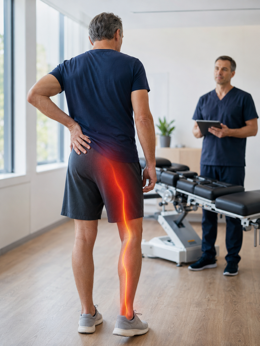 Traitement de la sciatique : que faire vraiment ? 1 Patient présentant une douleur sciatique dans une clinique avec table de décompression