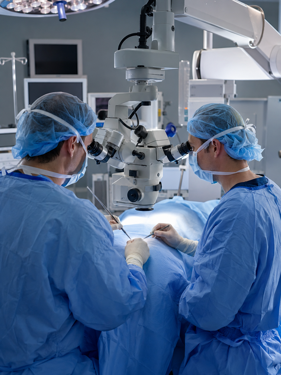 Équipe chirurgicale réalisant une microdiscectomie lombaire sous microscope sans contenu graphique