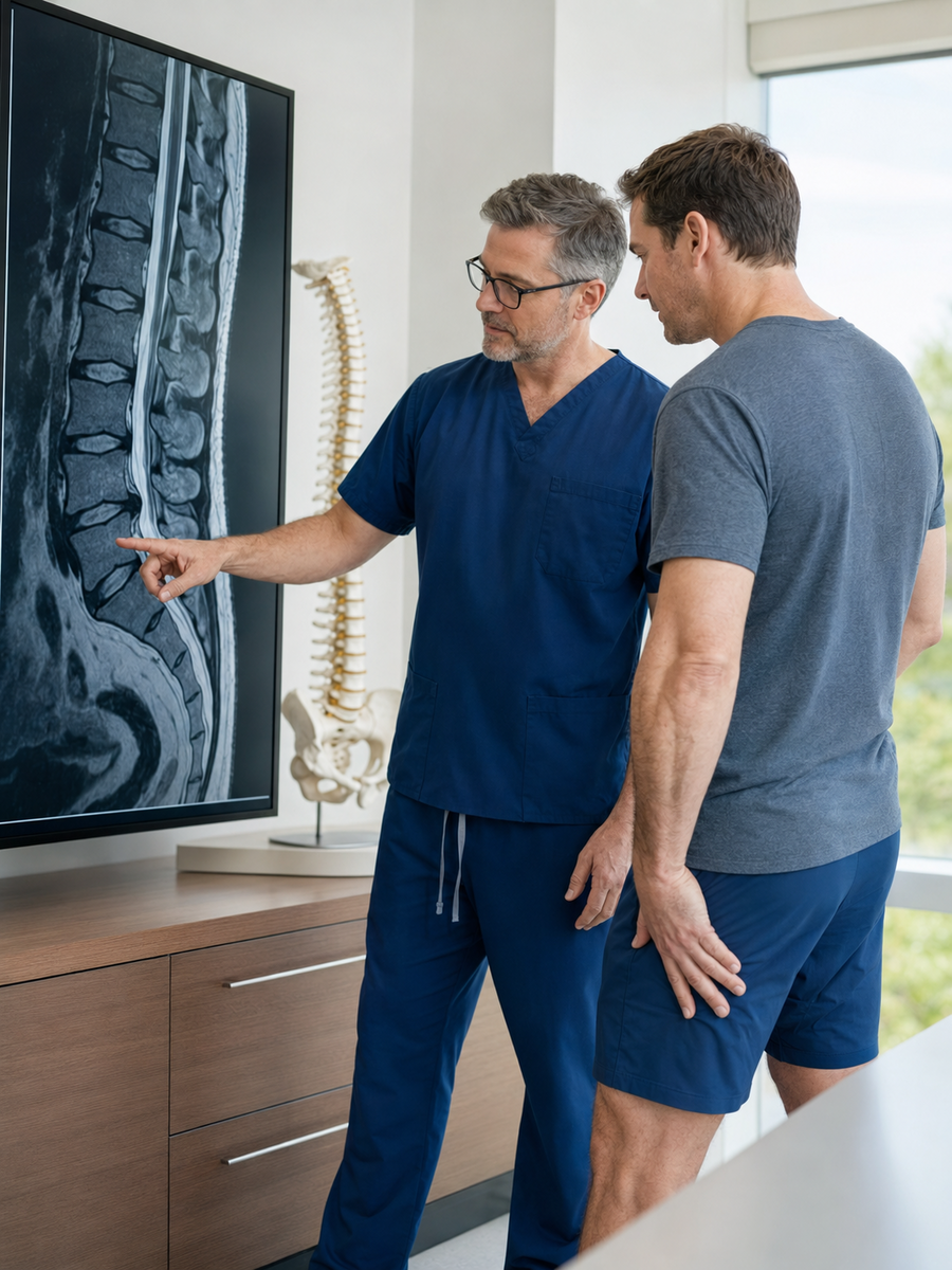 Chirurgien et patient comparant une IRM lombaire au trajet de la douleur sciatique