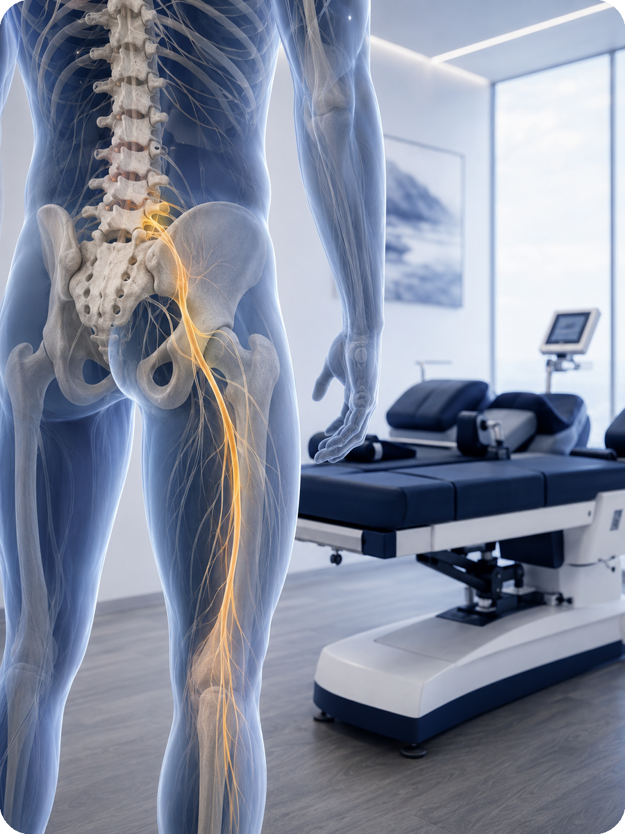 Décompression neurovertébrale 3 Trajet du nerf sciatique depuis la région lombaire devant une table de décompression neurovertébrale