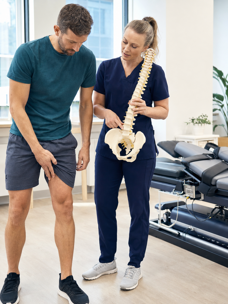 Sciatique ou cruralgie : différencier les racines L3-L4 de L5-S1 4 Évaluation d’une douleur antérieure de la cuisse avec modèle lombaire près d’une table de décompression
