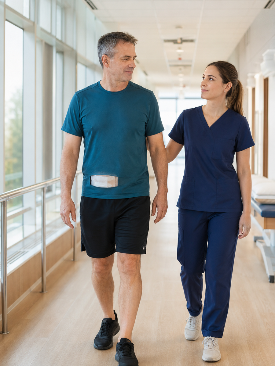 Patient reprenant progressivement la marche avec une professionnelle après une opération de la sciatique