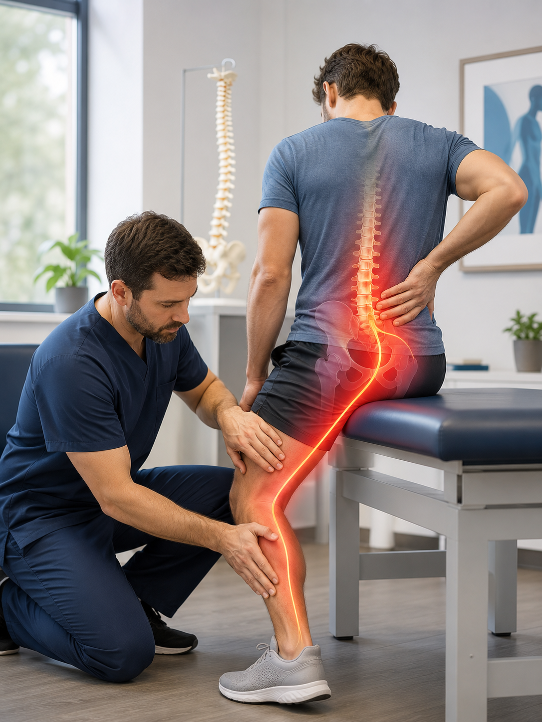 Évaluation de la sciatique à Montréal avec douleur qui descend dans la jambe
