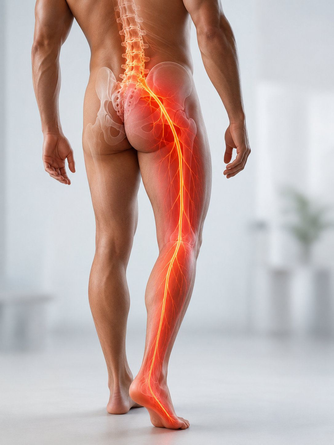 Trajet de la douleur sciatique du bas du dos vers la jambe et le pied à Montréal