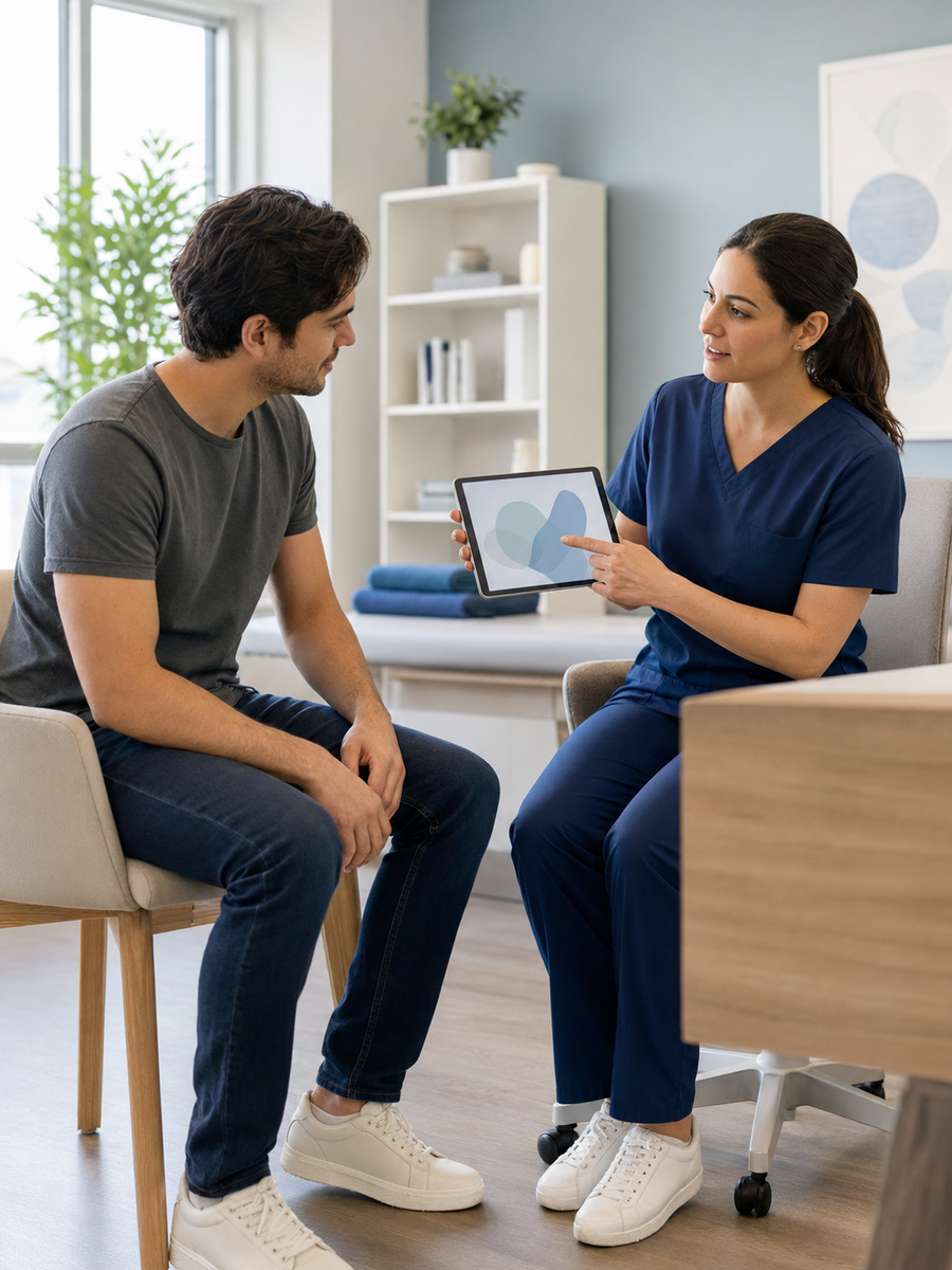 Patient et professionnel discutant des options de traitement d’une sciatique