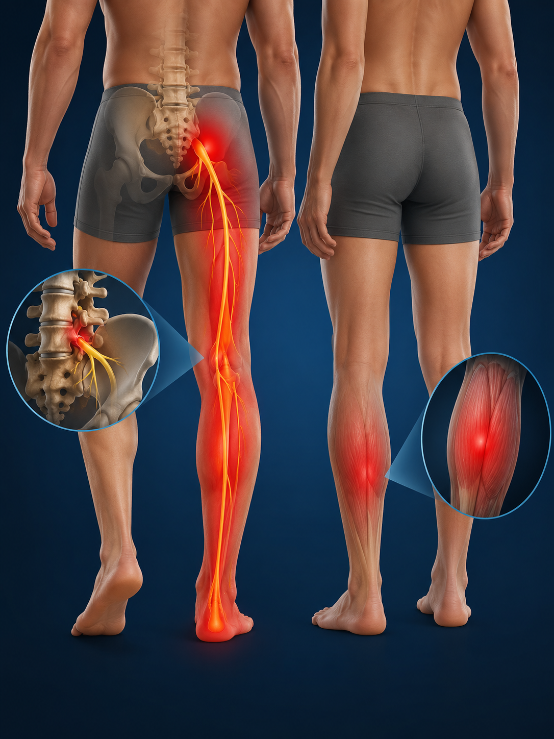Sciatique ou crampe au mollet ? 3 Comparaison entre crampe au mollet et trajet de douleur sciatique vers le pied