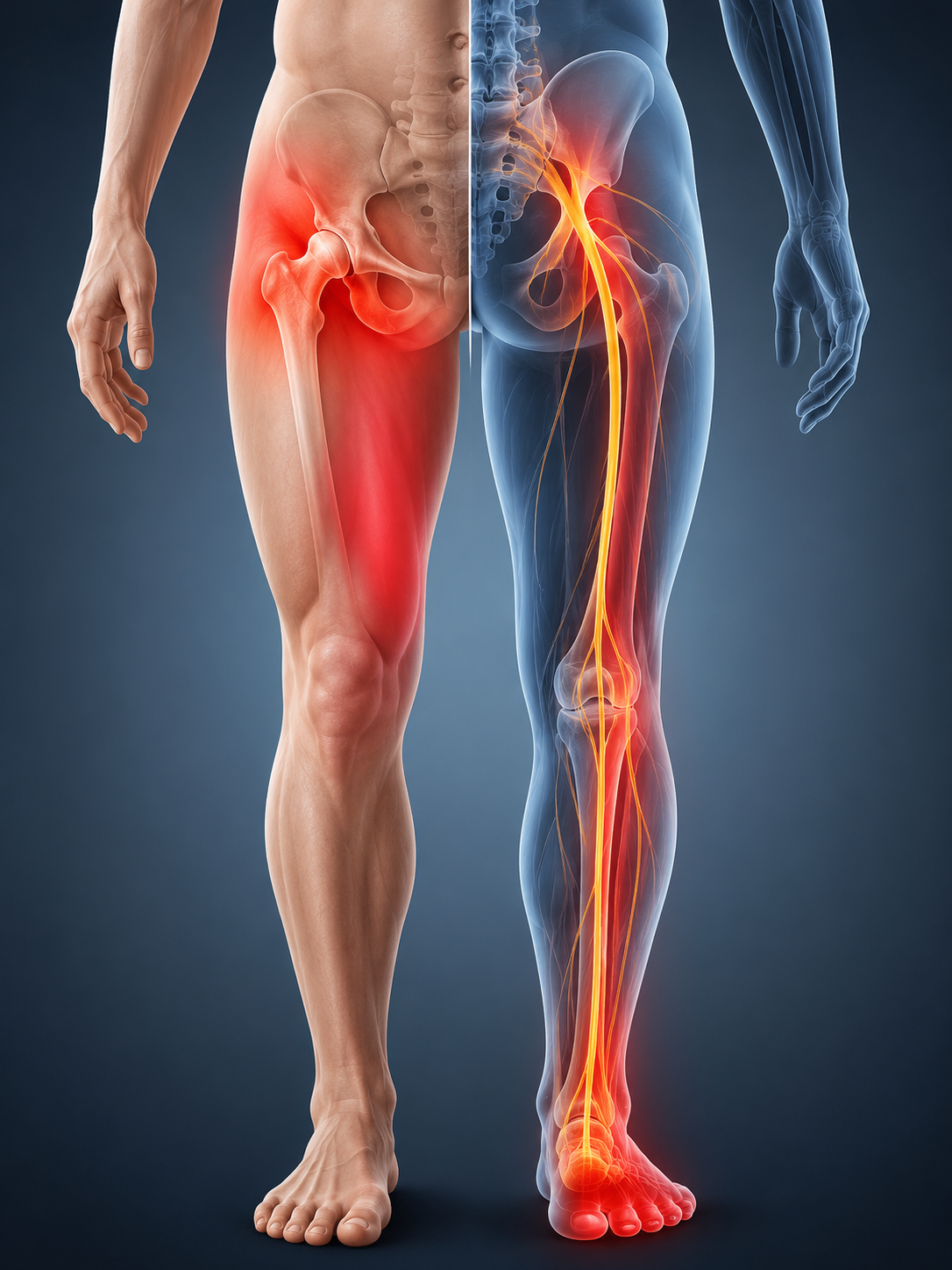 Comparaison entre douleur de hanche et trajet de douleur sciatique dans la jambe