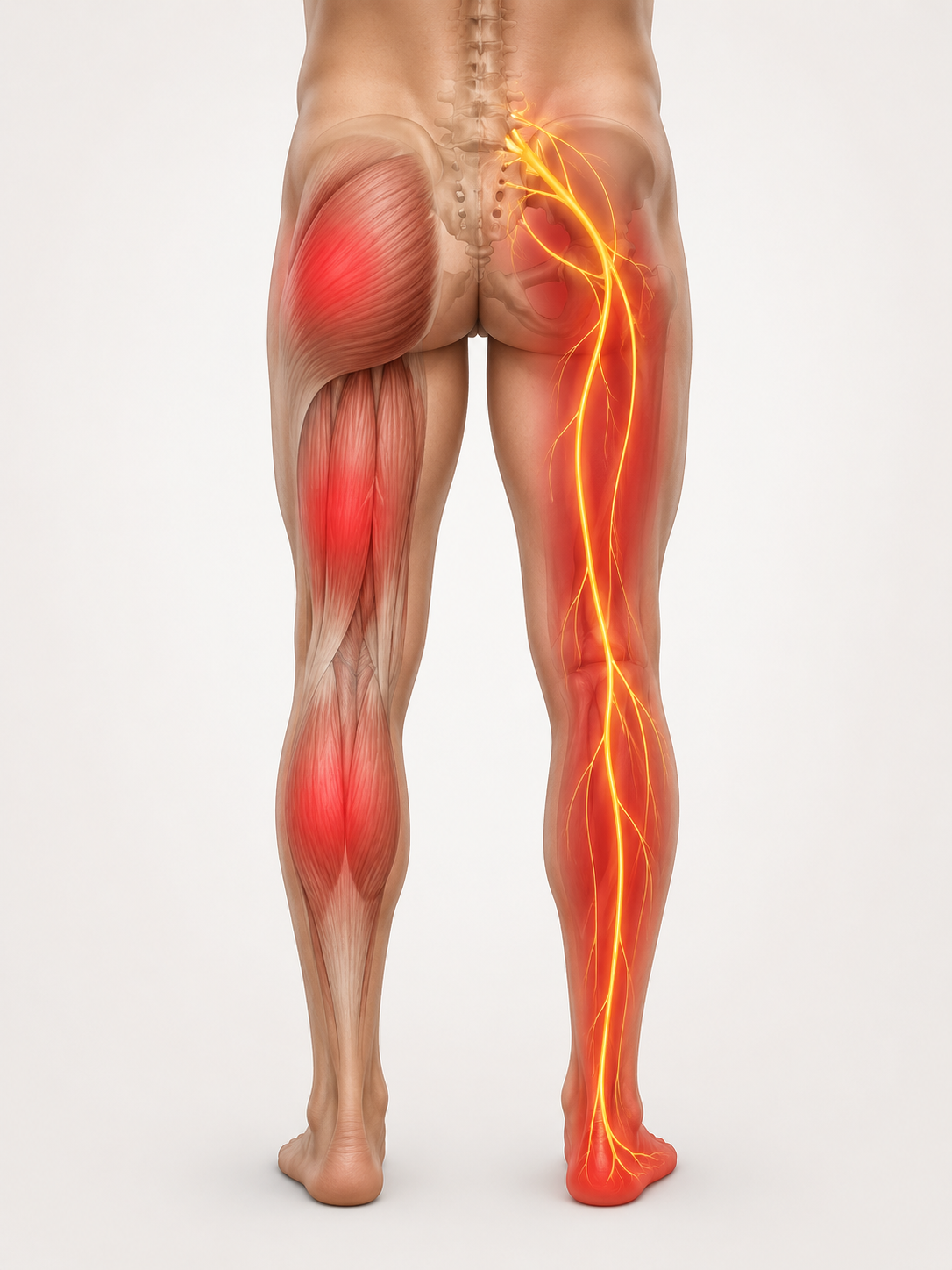 Comparaison entre douleur musculaire et trajet de douleur sciatique dans la jambe