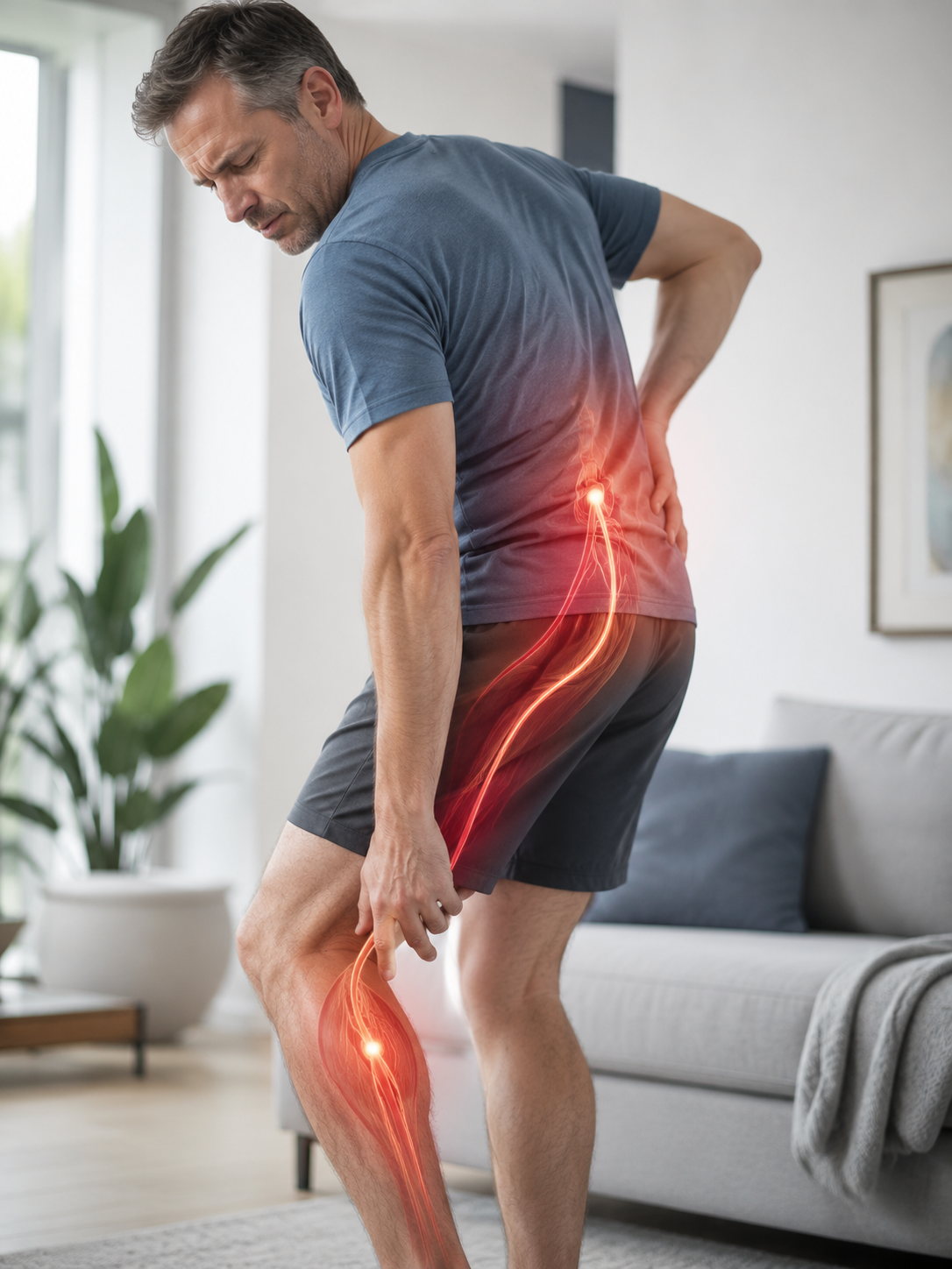 Douleur dans la jambe pouvant évoquer une sciatique ou un problème vasculaire