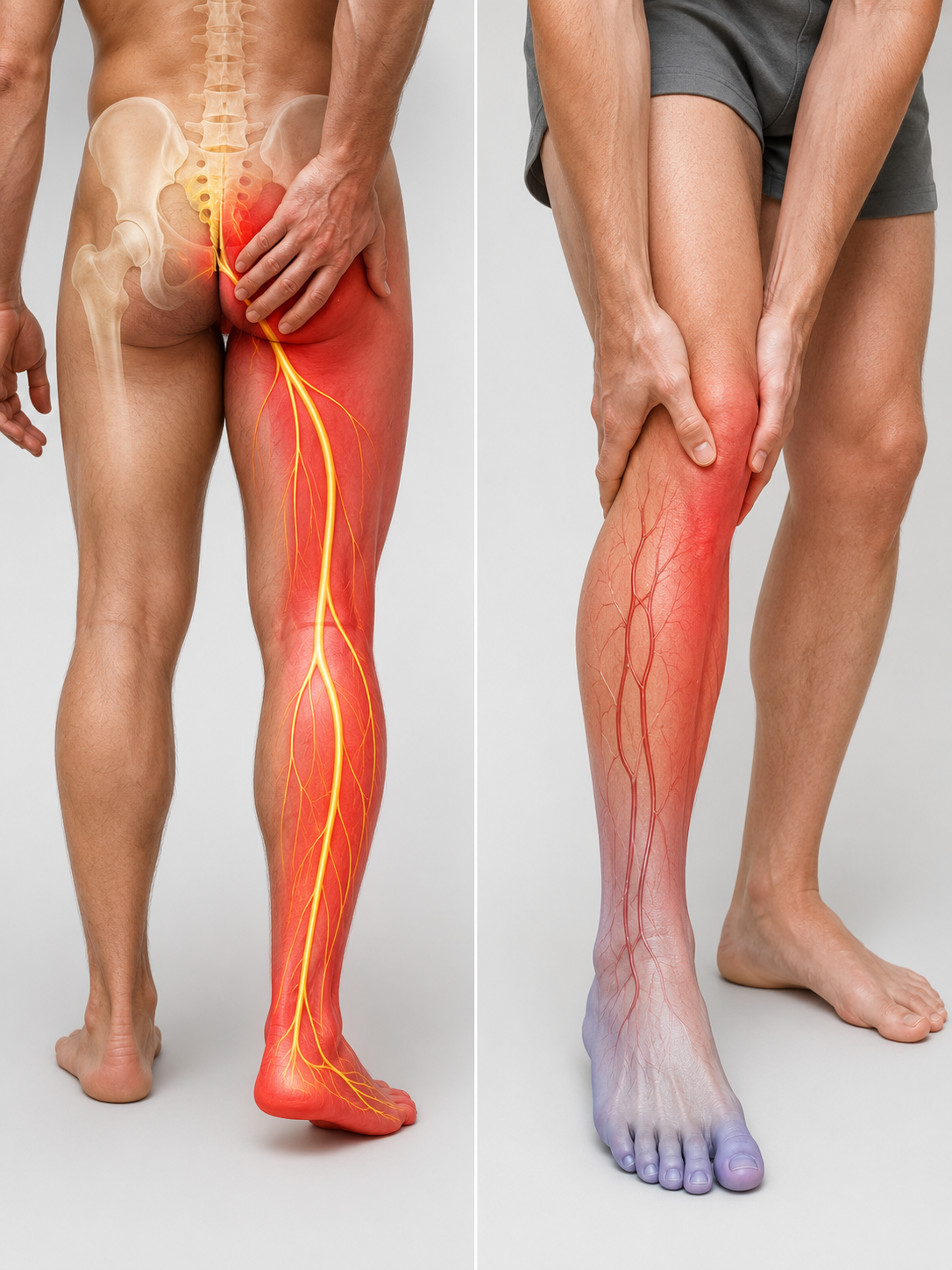 Comparaison entre trajet de sciatique et douleur vasculaire au mollet ou au pied