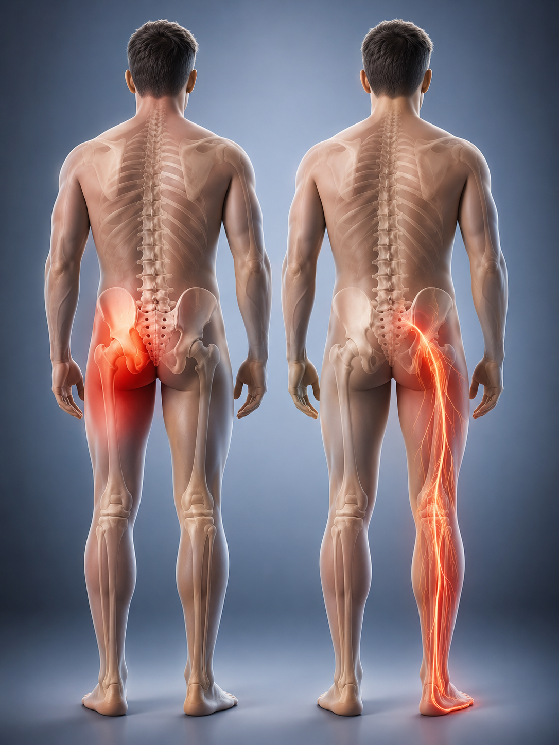 Sciatique ou douleur sacro-iliaque ? 3 Comparaison du trajet d’une douleur sacro-iliaque et d’une douleur sciatique