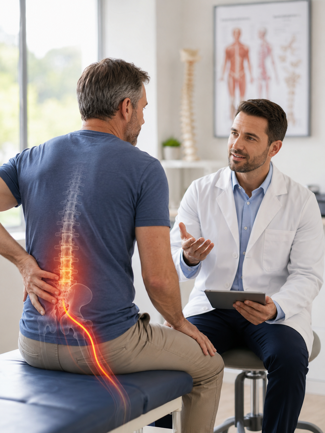 Evaluation for sciatica aggravated by lifting loads