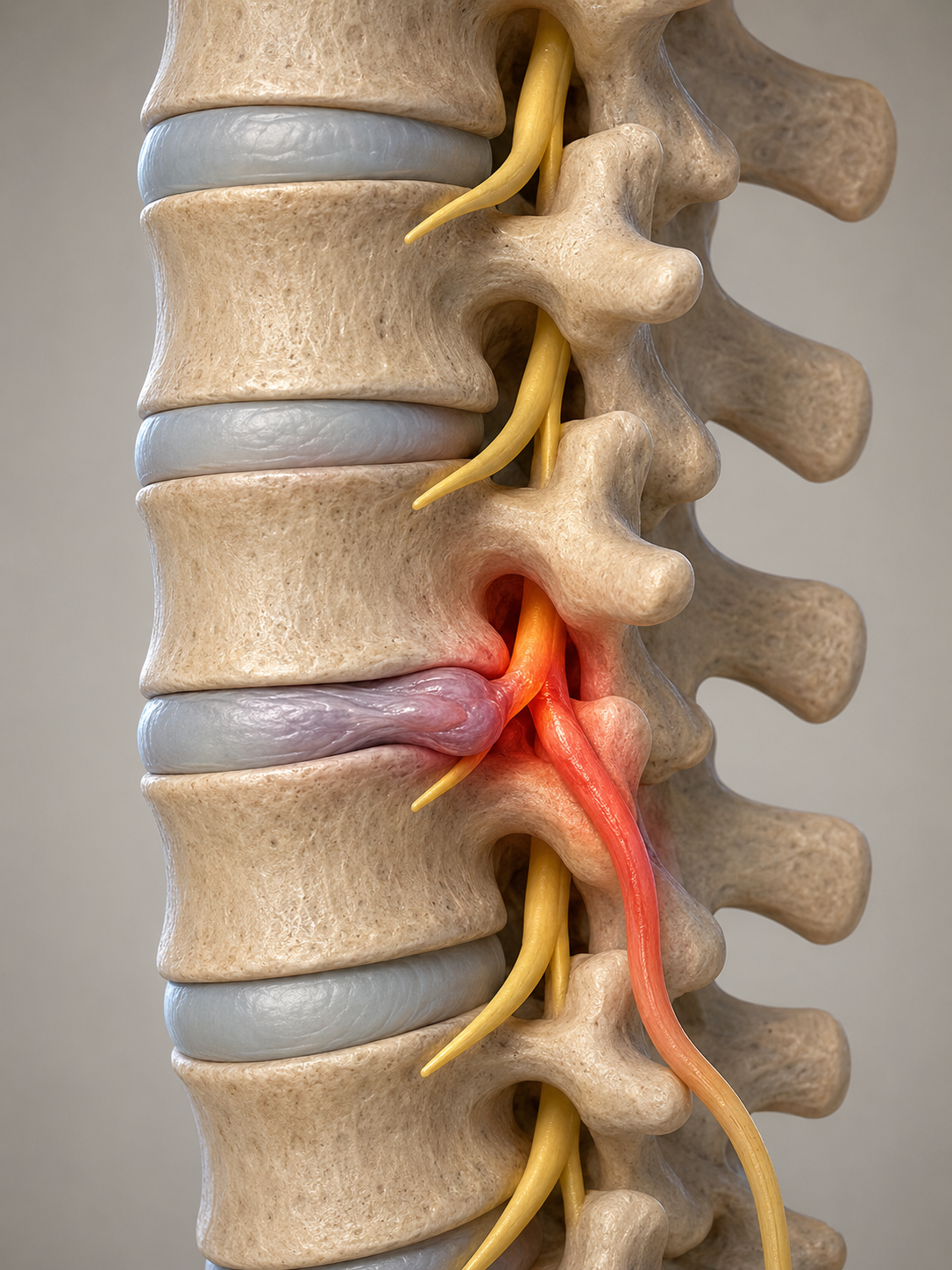 Lumbar disc and irritated nerve root when lifting a load