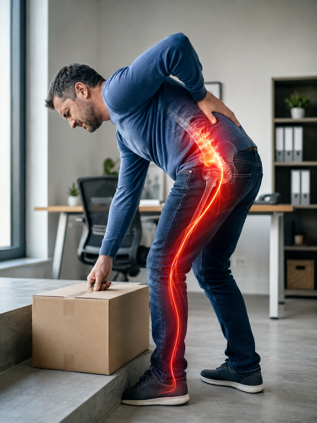 Sciatica worsened by lifting a load with pain radiating down the leg