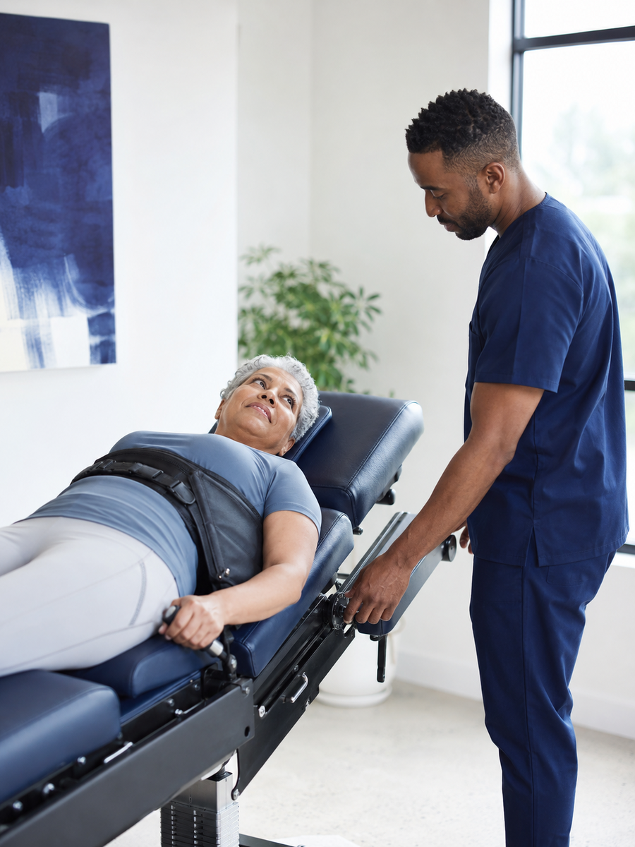 Score d’impact de la sciatique : mesurer vos limitations 5 Patient sur une table de décompression neurovertébrale accompagné par un clinicien