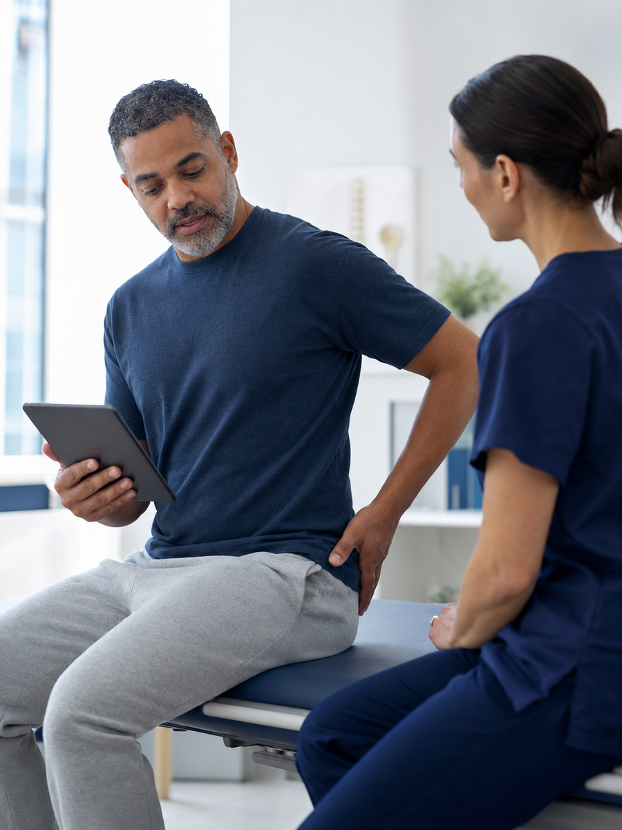 Score d’impact de la sciatique : mesurer vos limitations 1 Patient utilisant une tablette pour évaluer l’impact quotidien de sa douleur sciatique
