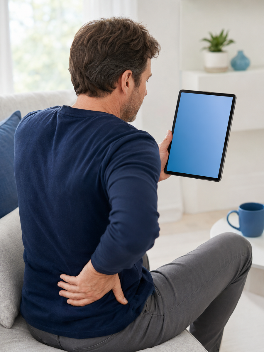 Test urgence sciatique en ligne : faut-il consulter rapidement? 4 Patient remplissant en ligne un questionnaire d’orientation pour une douleur sciatique