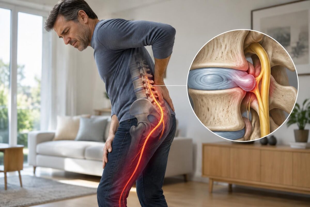 découvrez comment une protrusion discale peut comprimer une racine nerveuse et provoquer une sciatique, ainsi que les symptômes à surveiller.
